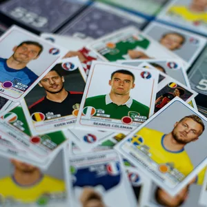 Panini-Sammelsticker liegen ausgebreitet vor dazu gehörigen Sammel-Album