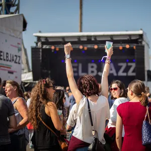 Im Hintergrund eine der Elbjazz-Bühnen, blauer Himmel, im Vordergrund Publikum von hinten, eine Zuschauerin in der Mitte reißt die Arme in die Höhe