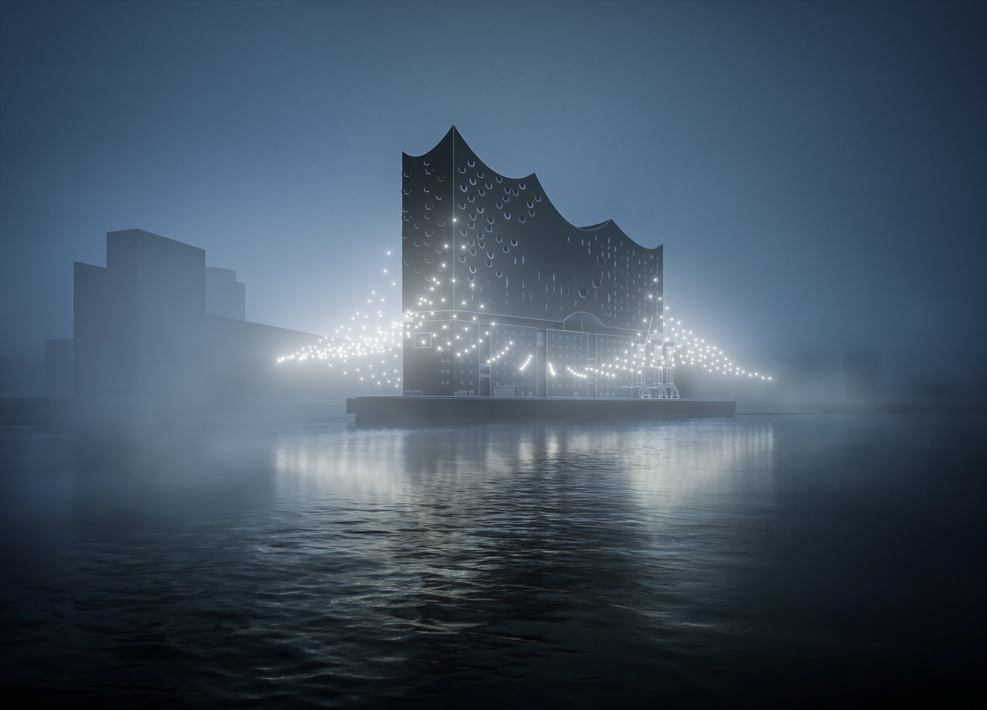 Elbphilharmonie bei Nacht, um das dunkle Gebäude hängen - wie ein Vorhang - leuchtende Drohnen