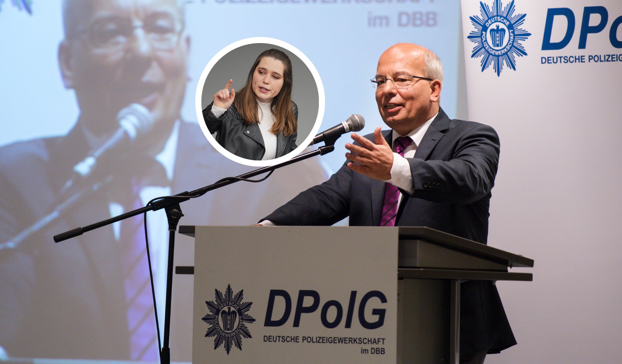 Rainer Wendt redet auf einer Pressekonferenz, eingeklinkt ist das Foto von Emilia Fester bei einer Rede im Bundestag