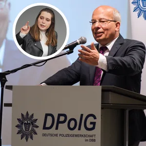 Rainer Wendt redet auf einer Pressekonferenz, eingeklinkt ist das Foto von Emilia Fester bei einer Rede im Bundestag