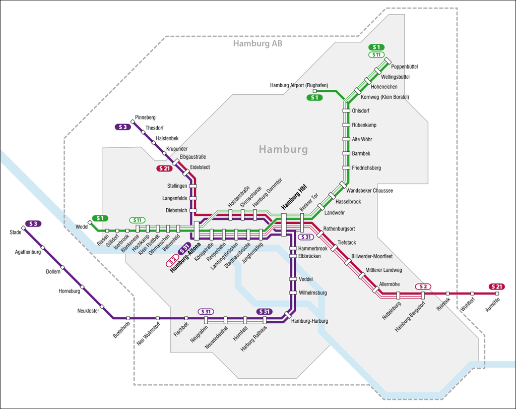 Die sechs aktuellen Linien im Netzplan der S-Bahn Hamburg.