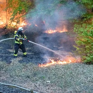 Feuerwehrkräfte löschen Flammen, die neben den Gleisen entfacht wurden.
