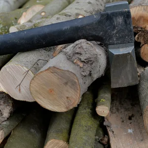 Eine Spaltaxt auf einem Holzstapel