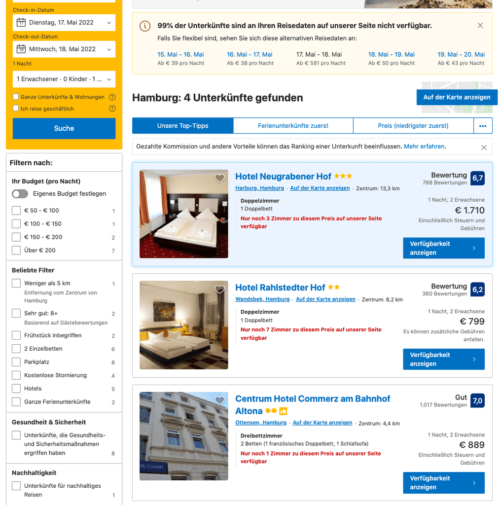 Hotelpreise auf Buchungsplattform