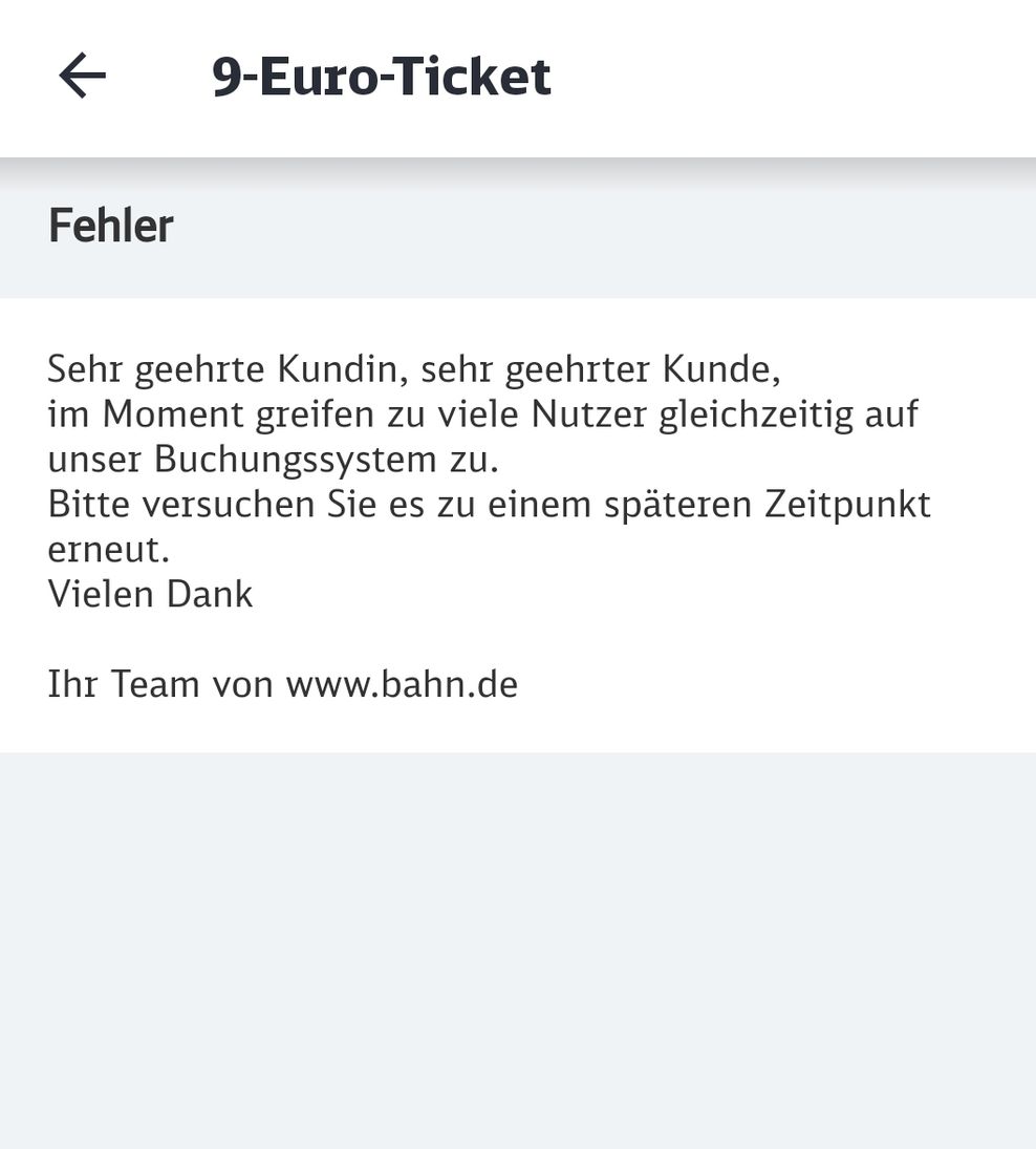 Wer am Montagmorgen das 9-Euro-Ticket über die Deutsche Bahn kaufen wollte, bekam oft nur eine Fehlermeldung zu sehen.
