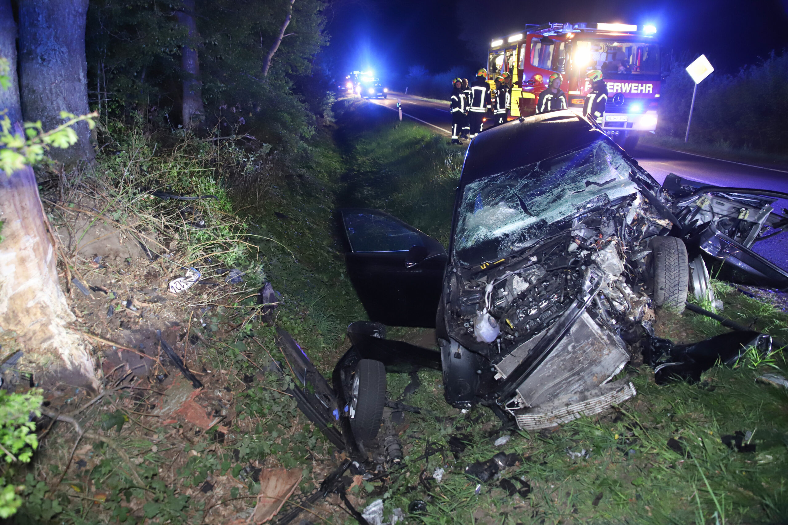 Das Auto blieb nach dem Baum-Crash in einem Graben liegen.