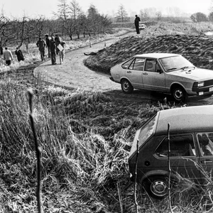 Zwei Autos stehen im Moor