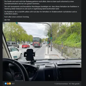 Sven R. berichtete auf Facebook von massiven Beleidigungen durch Radler:innen nach einer Panne mit seinem Wohnmobil in Hamburg.