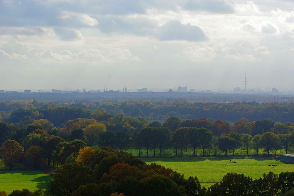 lick vom Müllberg im Hamburger Stadtteil Hummelsbüttel auf die Skyline der Hansestadt.