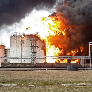 Nach einem mutmaßlichen Raketenangriff auf ein Öllager in Belgorod brach dort im April ein Feuer aus.