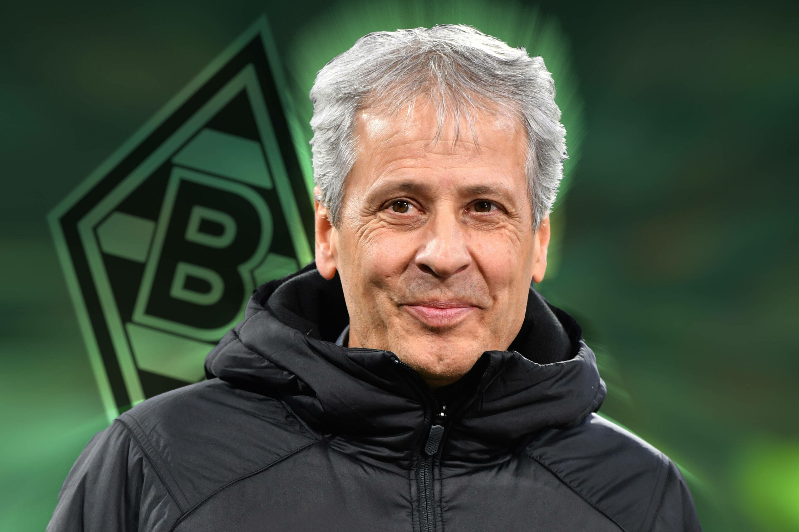 Lucien Favre auf einer Fotomontage vor dem Logo von Borussia Mönchengladbach