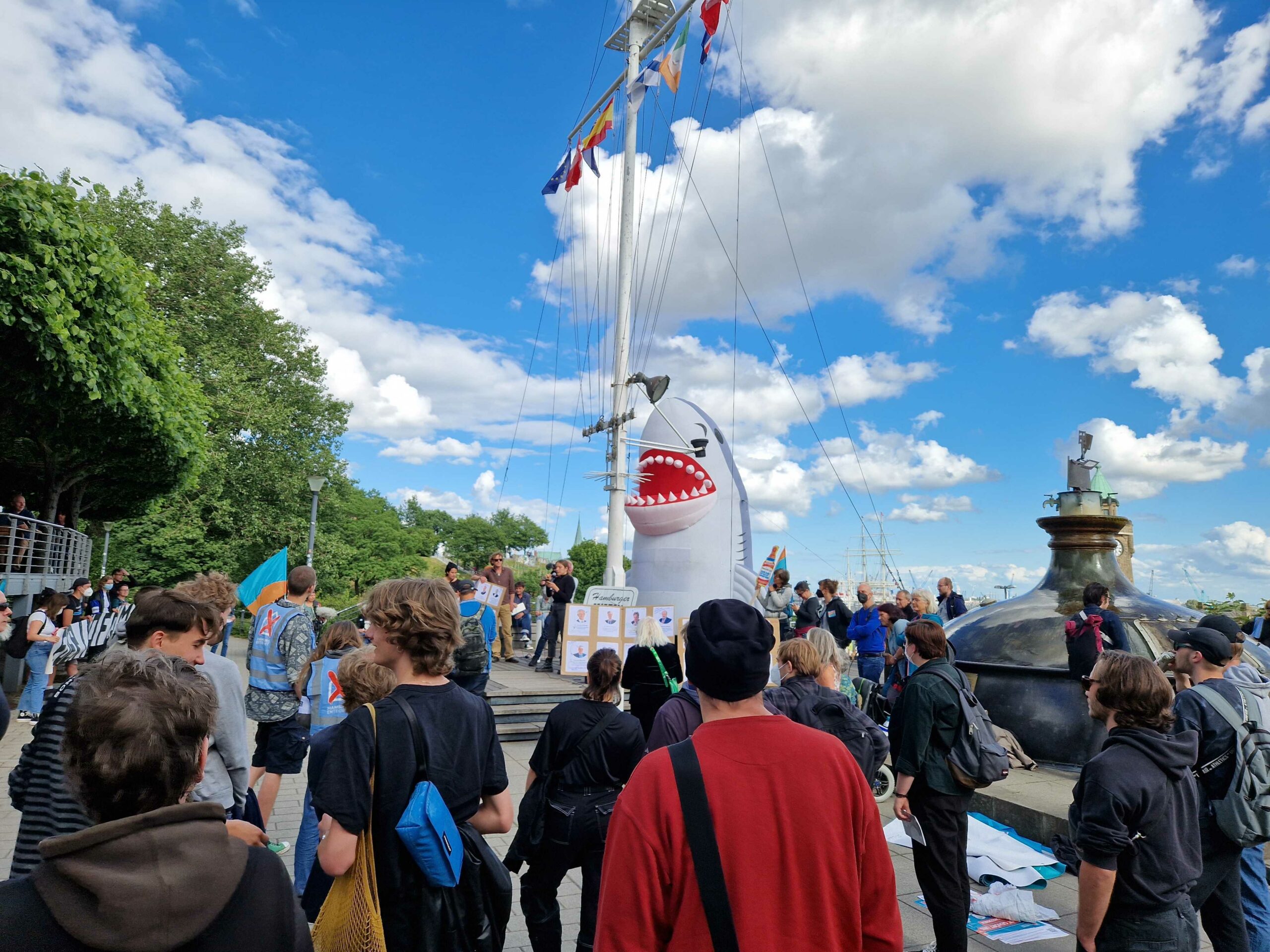 Etwa 30 Menschen protestierten vor dem Hotel Hafen Hamburg an den Landungsbrücken gegen eine Immobilienveranstaltung.