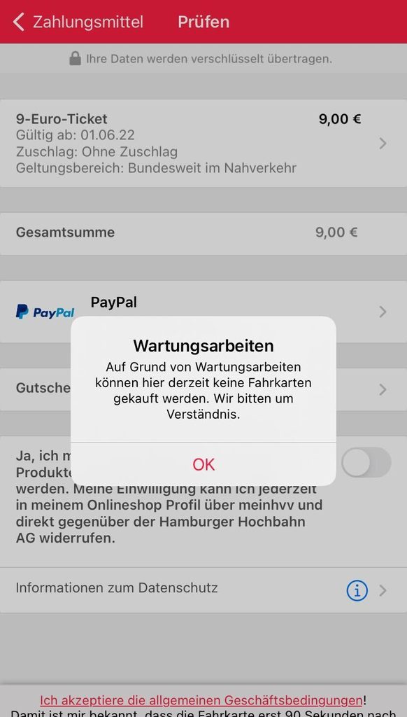 Screenshot von HVV-App mit Fehlermeldung.