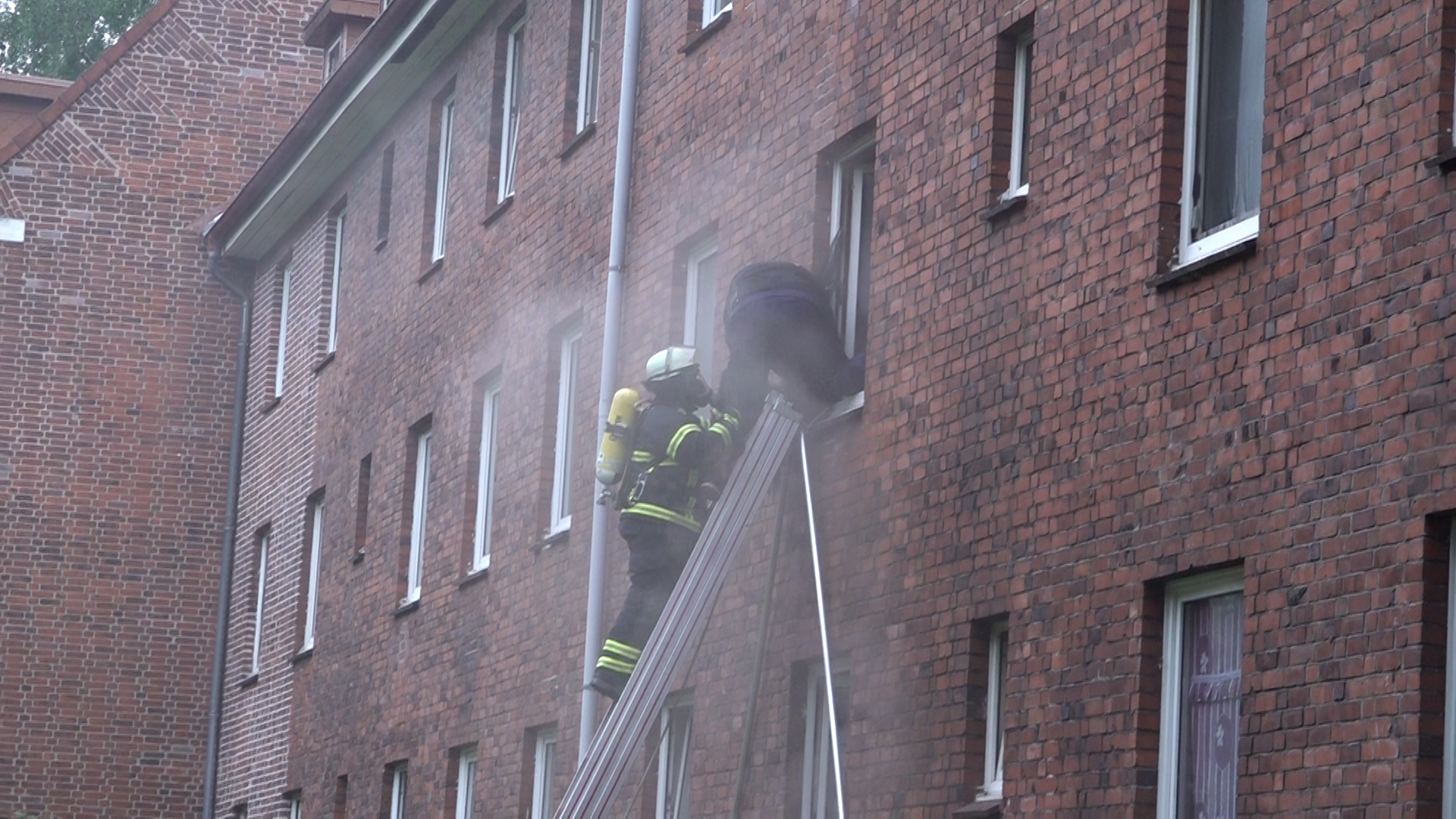Die Feuerwehr rettet einen Bewohner über eine Leiter aus dem verrauchten Haus in Wilhelmsburg.