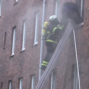 Die Feuerwehr rettet einen Bewohner über eine Leiter aus dem verrauchten Haus in Wilhelmsburg.