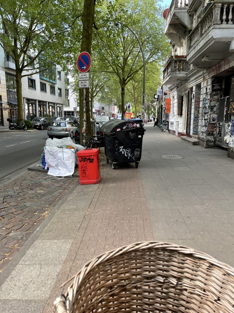 Eine große schwarze Mülltonne steht mitten auf dem Radweg.