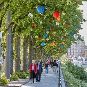 Bunte Lampions hängen in den grünen Bäumen am Ballindamm