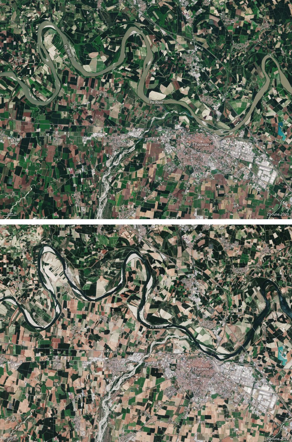 Der Po, der längste Strom Italiens, erreicht nach Monaten ohne starke Regenfälle einen Rekordtiefstand. Diese Screenshots aus einer Copernicus Sentinel-2-Animation zeigen, wie der Fluss zwischen Juni 2020 (oben) und Juni 2022 erheblich geschrumpft ist.