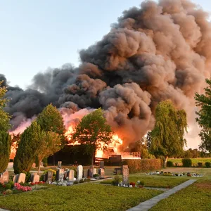 Eine große Rauchwolke steigt bei einem Brand mehrerer Lagerhallen in Peine in den Himmel.