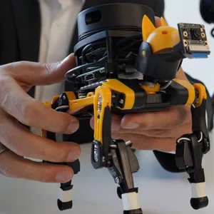 Ein Professor der Technischen Universität Hamburg (TUHH) hält den chinesischen Roboterhund in der Hand.