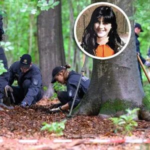 Polizisten knien in einem Wald am Boden, eingefügt ist das Foto eines jungen Mädchens, das vermisst wird