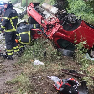 Auto kopfüber am Straßenrand