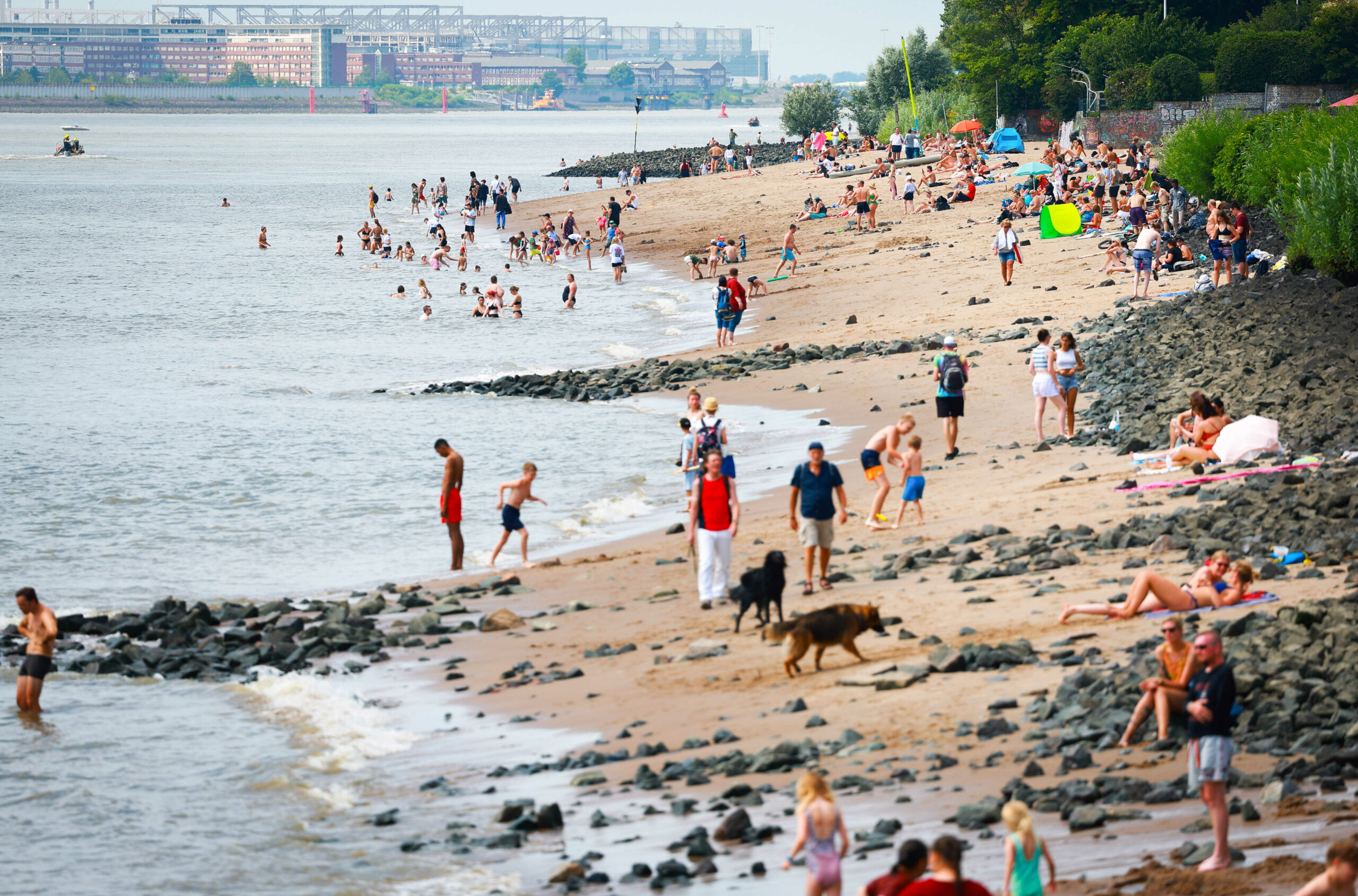 Zahlreiche Menschen sind bei hochsommerlichen Temperaturen am Elbstrand und in der Elbe bei Övelgönne zu sehen. (Archivfoto)