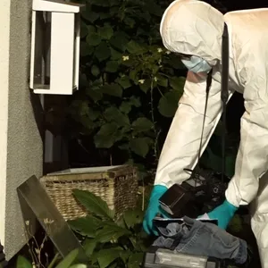 Ein Mitarbeiter der Spurensicherung arbeitet im Eingangsbereich eines Einfamilienhauses in Delmenhorst