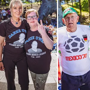 Mehrere Fans stehen am Uwe-Seeler-Fuß