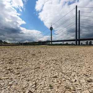 Kein Foto aus Afrika, sondern aus unserer Heimat: Das Bild zeigt das ausgetrocknete Flussbett des Rheins bei Düsseldorf am 27. Juli 2022.