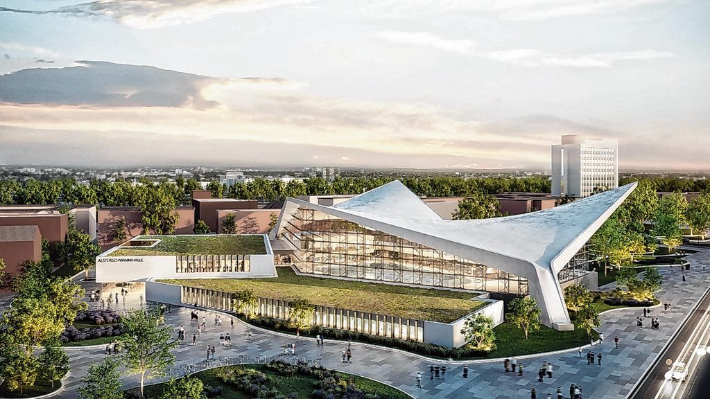 So soll sie aussehen, die neue Alsterschwimmhalle – das legendäre Dach bleibt natürlich erhalten.