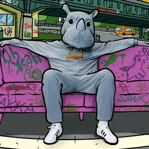 Ein Nashorn sitzt auf einer gezeichneten Couch, im Hinterrund Großstadtszenario mit Autos und U-Bahn