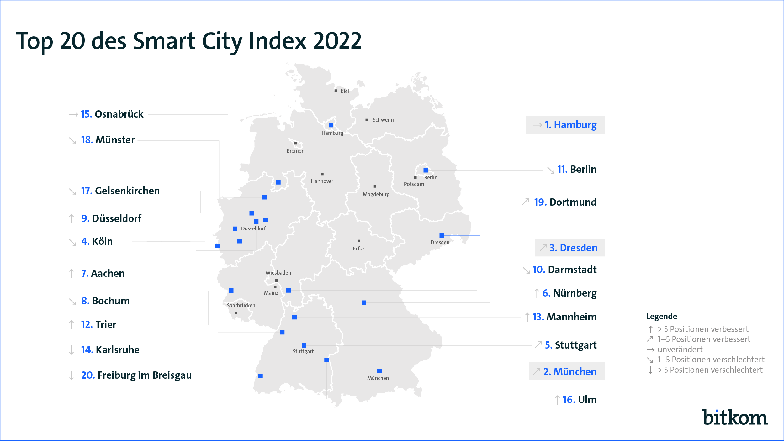Die Karte zeigt die 20 „smartesten“ Städte Deutschlands.