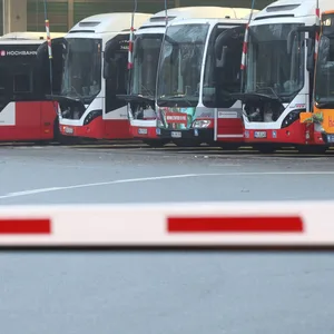 Busse stehen am Morgen hinter einer Schranke