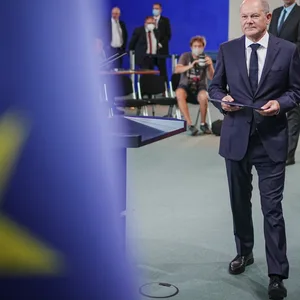 Bundeskanzler Olaf Scholz (SPD) gibt ein Pressestatement zur Gasumlage.