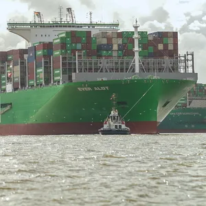 Das Containerschiff liegt im Hamburger Hafen.