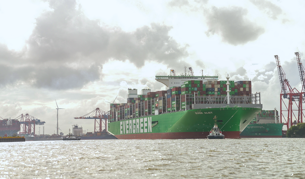Das Containerschiff liegt im Hamburger Hafen.