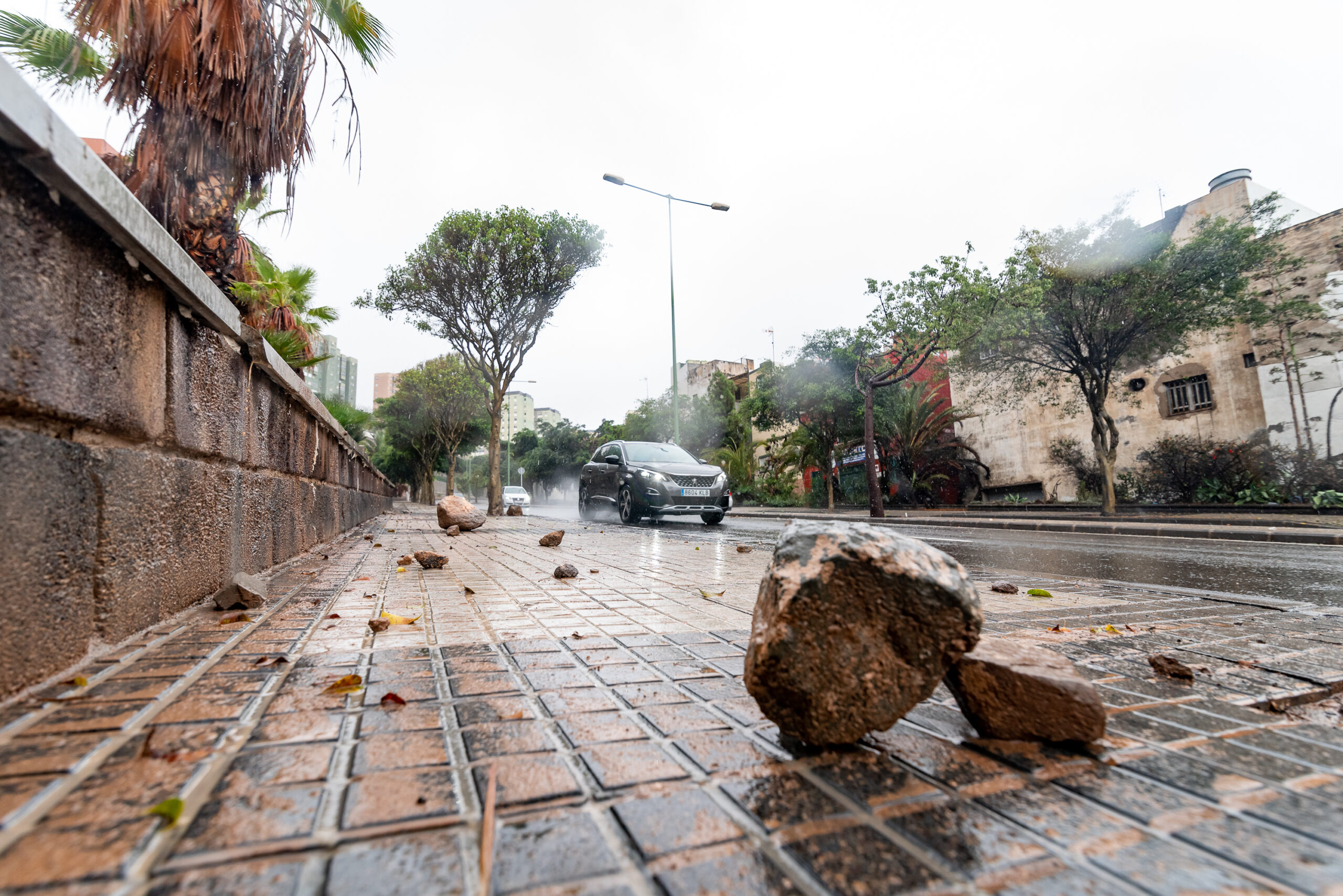 Durch starken Wind und Regen hat der Tropensturm „Hermine“ in Las Palmas de Gran Canaria Steine auf die Straße stürzen lassen.