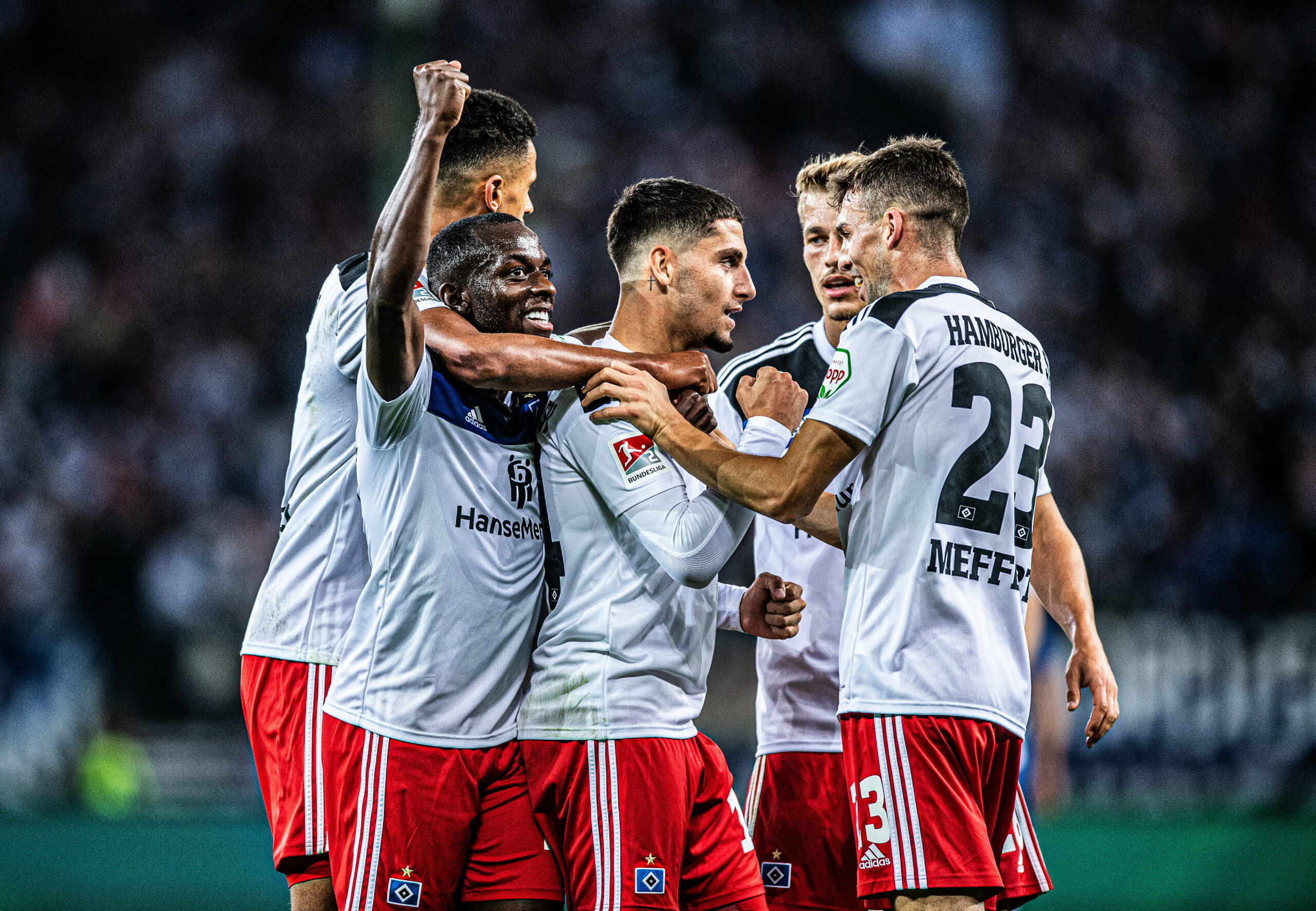 Die HSV-Profis bejubeln den Siegtreffer gegen den KSC (1:0)