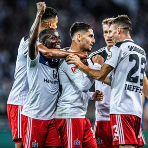 Die HSV-Profis bejubeln den Siegtreffer gegen den KSC (1:0)