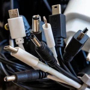 Ein Bündel unterschiedlicher Ladekabel für Elektrogeräte wie Mobiltelefone oder Laptops.