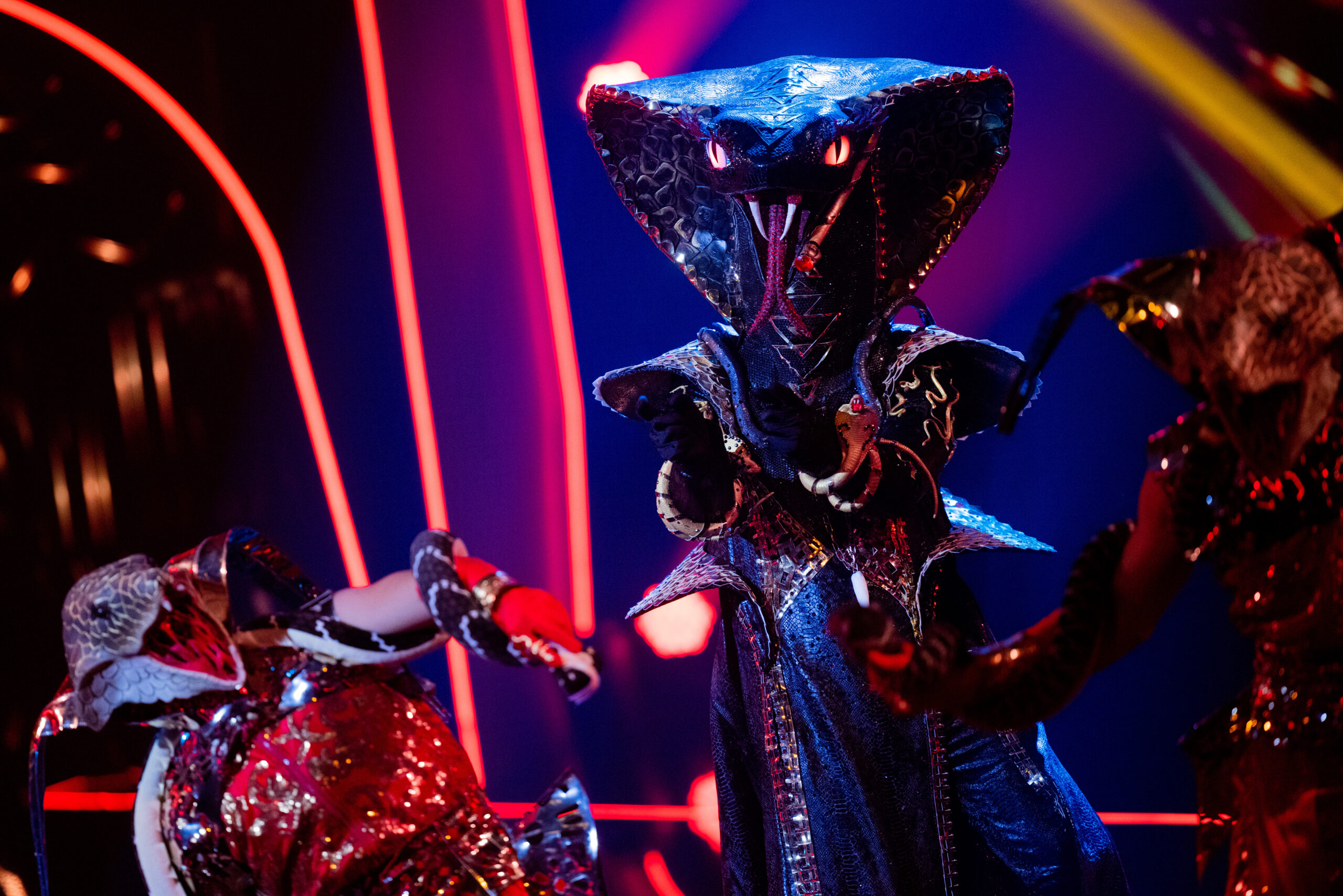 Die Figur "Die Black Mamba" steht in der Prosieben-Show "The Masked Singer" auf der Bühne.