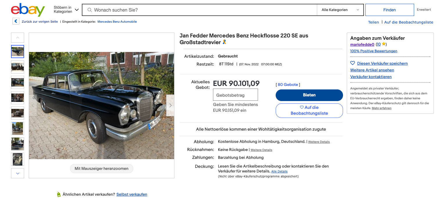 Jan Fedders Mercedes-Benz 220 SE steht aktuell bei „Ebay“ zum Verkauf.