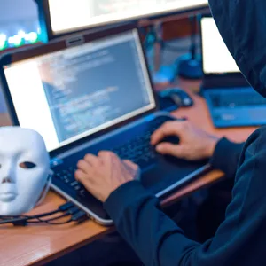 Mann mit Kapuze sitzt vor zwei Computerbildschirmen.