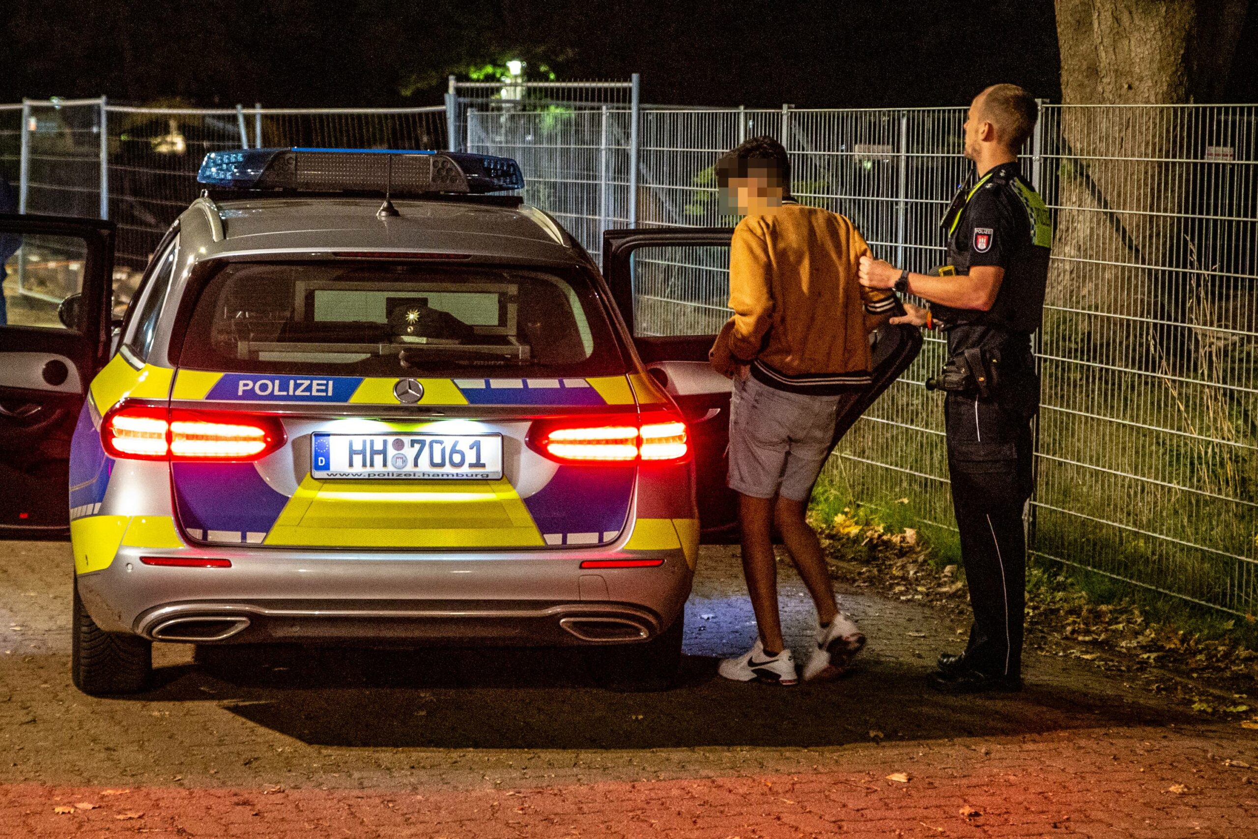 Ein Verdächtiger wird in Streifenwagen gesetzt.