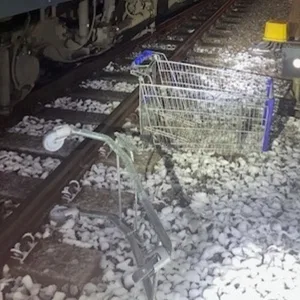 Ein Einkaufswagen steht vor einer Regionalbahn bei Kiel