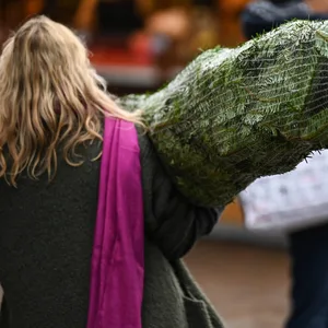 Eine Frau geht mit einem Tannenbaum über der Schulter.