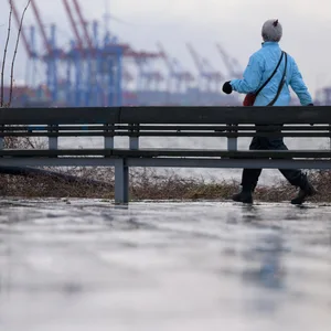 Eine Frau spaziert an der Elbe dick angezogen entlang