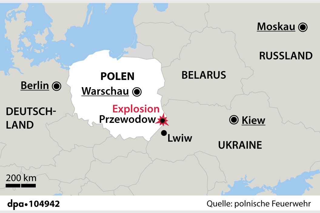 Karte, in der der Grenzort Przewodow markiert ist, der von russischen Raketen getroffen worden sein soll